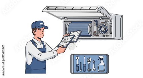 A service technician in a blue uniform is cleaning an air conditioner filter in a maintenance action, presented as a flat vector illustration against a clean white background with a focus