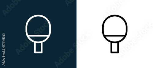 Two-color racket outline icon pair in black and white, editable stroke vector illustration for web, mobile apps, UI design, branding, and print from table tennis