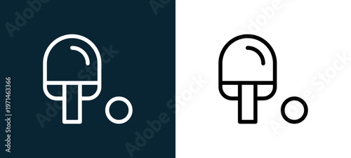 Two-color table tennis outline icon pair in black and white, editable stroke vector illustration for web, mobile apps, UI design, branding, and print from table tennis