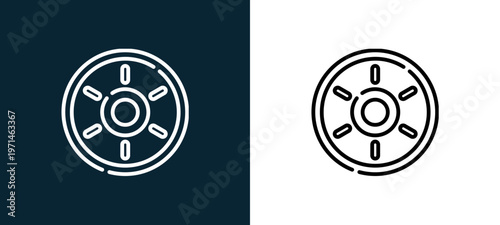 Two-color robot vacuum outline icon pair in black and white, editable stroke vector illustration for web, mobile apps, UI design, branding, and print from smart home