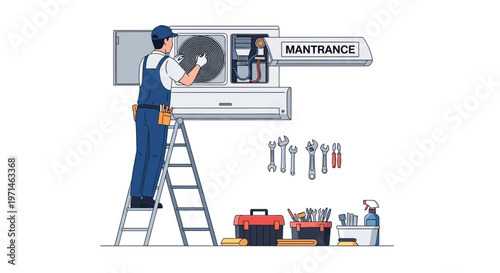 Illustration of a technician in workwear on a ladder repairing an air conditioner unit against a white background, with a toolbox nearby, conveying a professional and efficient service