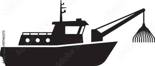 Black silhouette fishing boat, industrial dredger, heavy machinery, nautical icon