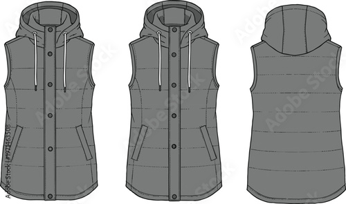 CAD drawing flat vector illustration of sleeveless padded hoodie vest, technical fashion sketch, winter wear clothing template, detailed design