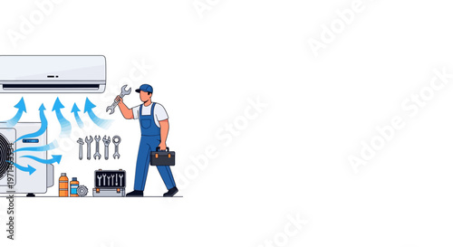 Illustrated air conditioning repairman in blue overalls holding a wrench next to an AC unit and toolbox, set against a clean white background with arrows indicating airflow and a cool