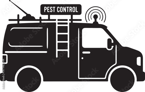 Pest control truck, vector illustration, black silhouette, service vehicle, pest management