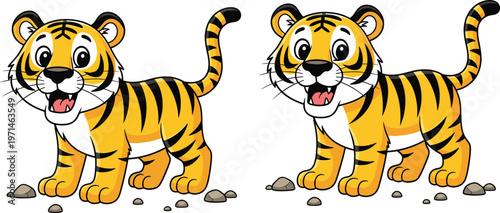 Cute cartoon tiger cub characters standing on ground with stones adorable jungle animal vector illustration set