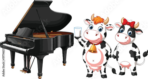 Grand piano musical instrument with cute cartoon cows holding milk glass farm animal vector illustration set