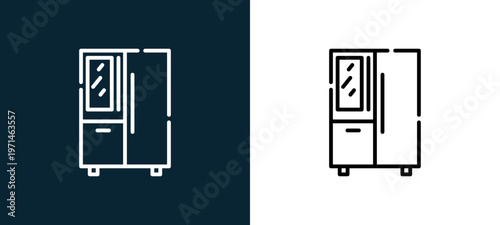 Two-color refrigerator outline icon pair in black and white, editable stroke vector illustration for web, mobile apps, UI design, branding, and print from smart home