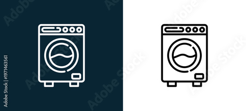 Two-color washing hine outline icon pair in black and white, editable stroke vector illustration for web, mobile apps, UI design, branding, and print from smart home