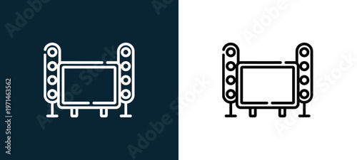 Two-color home theater outline icon pair in black and white, editable stroke vector illustration for web, mobile apps, UI design, branding, and print from smart home