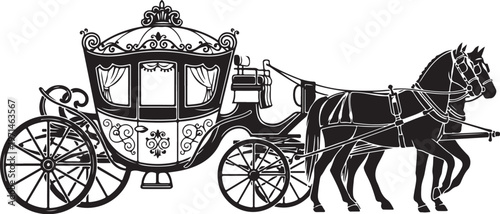 Luxury horse drawn carriage, vintage royal transport, black and white vector, elegant travel icon