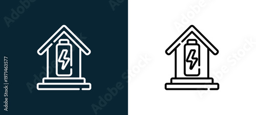 Two-color battery outline icon pair in black and white, editable stroke vector illustration for web, mobile apps, UI design, branding, and print from smart home