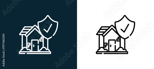 Two-color insurance outline icon pair in black and white, editable stroke vector illustration for web, mobile apps, UI design, branding, and print from smart home