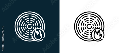 Two-color smoke detector outline icon pair in black and white, editable stroke vector illustration for web, mobile apps, UI design, branding, and print from smart home