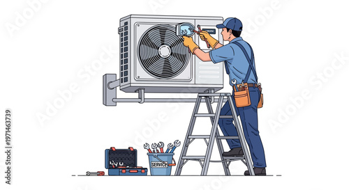 Illustrated repairman in a blue uniform stands on a ladder, servicing an air conditioning unit with tools against a clean white background, conveying a technical and professional service