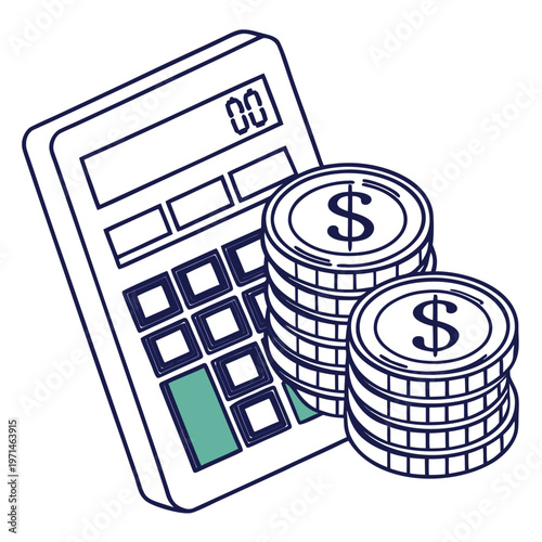 Calculator and stacks of coins illustration with represents finance