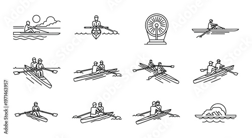 Line art depictions of rowing boats and related water sports icons