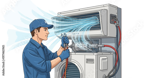 Illustration of a technician cleaning a wall-mounted air conditioner with a spray gun, emitting blue streams of cleaning solution in a detailed, instructional style against a white
