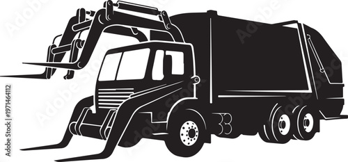 Garbage truck, waste management vehicle, sanitation truck, black silhouette, vector illustration