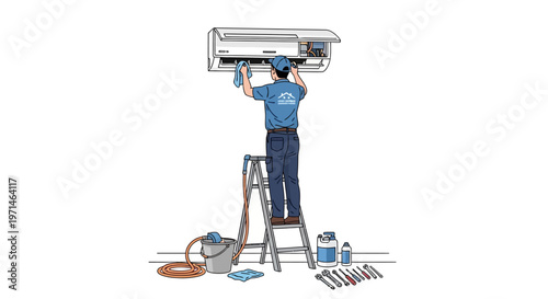 Illustrated worker on a ladder cleans an air conditioner unit with a cloth, set against a plain white background with maintenance equipment, conveying a fresh and hygienic feeling, using