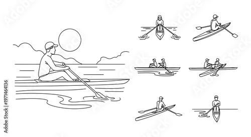 Line art depictions of rowing boats and related water sports icons