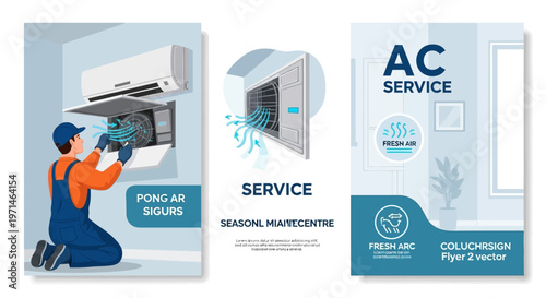 Set of three flyer templates featuring a technician servicing an air conditioner unit on a cool-toned background, with vector illustrations and promotional text, creating a fresh and modern
