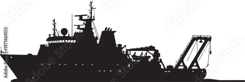 Black silhouette of a cargo ship, industrial vessel, maritime icon, vector graphic