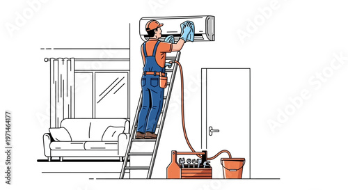 Illustration of a repairman standing on a ladder, cleaning an air conditioner in a home setting with a toolbox and bucket nearby, rendered in a clean, line art style against a white backdrop