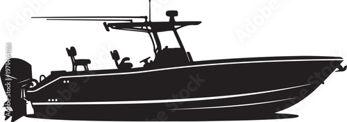 Black boat, motorboat, fishing boat, silhouette, vector illustration, nautical, watercraft