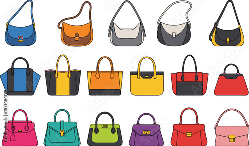 Handbag Collection Vector Illustration Set Featuring Shoulder Bags Tote Bags and Fashion Purses in Various Colors for Retail Accessories and Design Projects