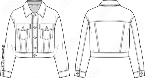 Cad drawing flat vector illustration of women’s cropped denim jacket with front button closure, flap chest pockets, long sleeves, casual design