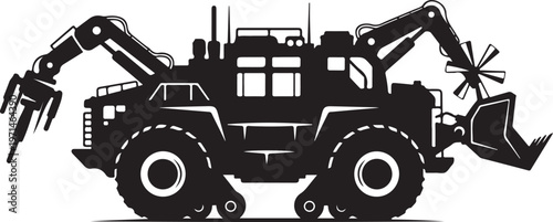 Heavy duty excavator, construction equipment, industrial machinery, black silhouette, vector icon