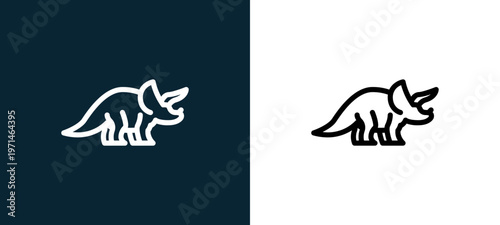 Two-color triceratops outline icon pair in black and white, editable stroke vector illustration for web, mobile apps, UI design, branding, and print from diaur
