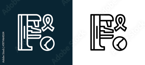 Two-color mammogram outline icon pair in black and white, editable stroke vector illustration for web, mobile apps, UI design, branding, and print from women health
