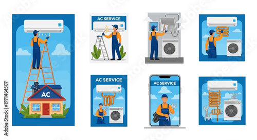 Illustrated set shows technicians repairing appliances, including an air conditioner and washing machine, against various backgrounds, employing a cartoon style with a focus on service