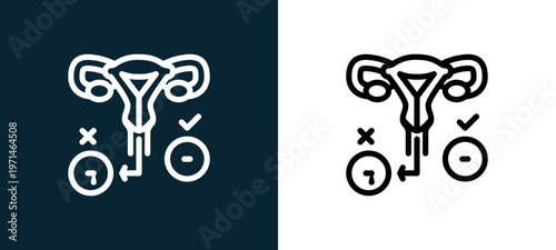 Two-color uterus outline icon pair in black and white, editable stroke vector illustration for web, mobile apps, UI design, branding, and print from women health