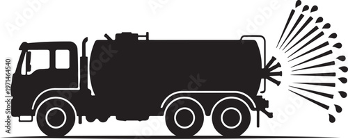 Black silhouette truck, water sprayer, cleaning vehicle, sanitation truck icon