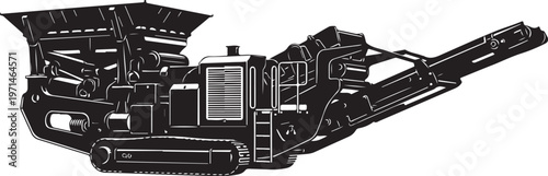 Industrial excavator, heavy machinery, construction equipment, black vector