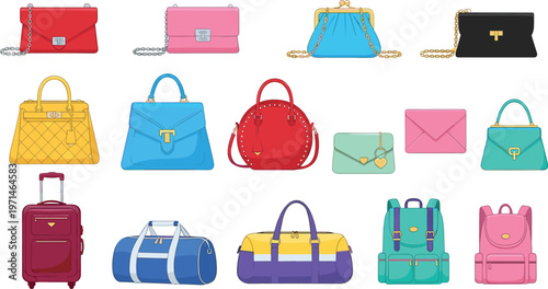 Stylish Bag Collection Vector Illustration Set Featuring Handbags Clutches Travel Bags Suitcase and Backpacks for Fashion Retail and Accessories Design Projects