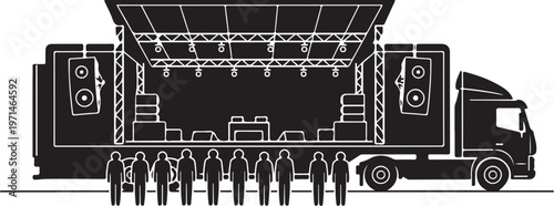 Mobile stage truck, concert setup, event equipment, sound system