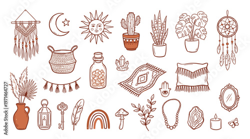 Bohemian boho aesthetic elements collection sun moon cactus dreamcatcher plants rug vase keys crystals