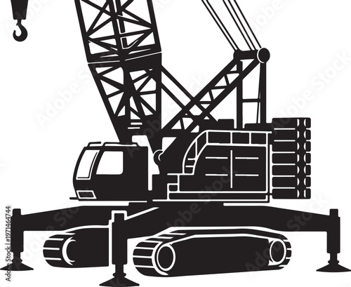 Black construction crane, industrial crawler crane, heavy machinery icon, vector illustration