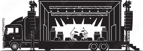 Mobile stage truck, concert setup, sound equipment, live music performance vehicle