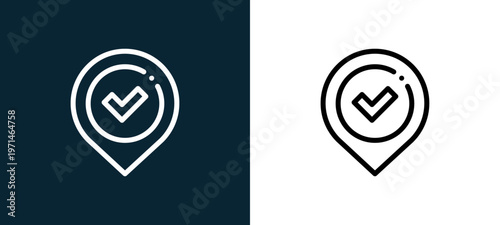 Two-color location pin outline icon pair in black and white, editable stroke vector illustration for web, mobile apps, UI design, branding, and print from navigation maps