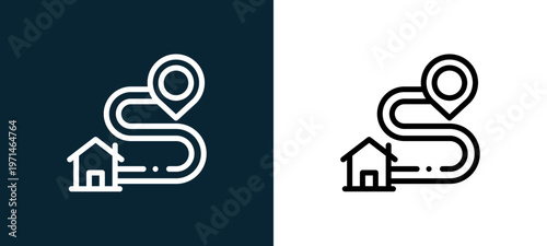 Two-color home outline icon pair in black and white, editable stroke vector illustration for web, mobile apps, UI design, branding, and print from navigation maps