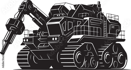Industrial excavator, heavy machinery, construction equipment, black and white vector
