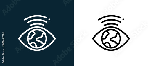 Two-color eye outline icon pair in black and white, editable stroke vector illustration for web, mobile apps, UI design, branding, and print from navigation maps