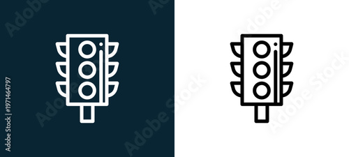 Two-color traffic light outline icon pair in black and white, editable stroke vector illustration for web, mobile apps, UI design, branding, and print from navigation maps