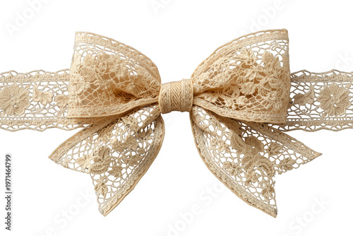 Vintage lace bow in beige color creating an elegant ornament for cards, gifts, and special occasions, transparent background