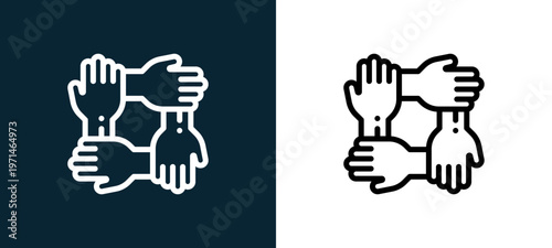 Two-color together outline icon pair in black and white, editable stroke vector illustration for web, mobile apps, UI design, branding, and print from friendship